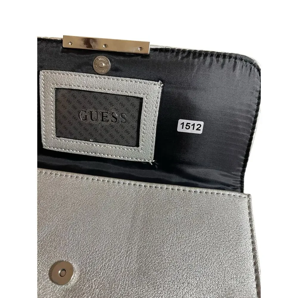 Guess Cleopatra Chevron Quilted Metallic Silver Evening Clutch Wallet Bag